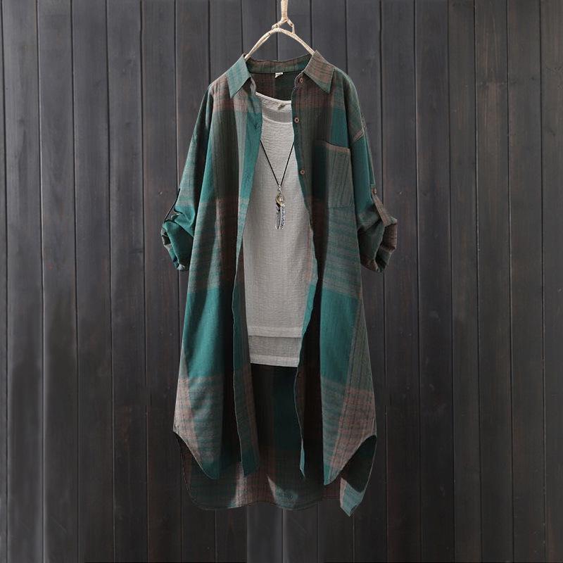 Frühling/Herbst karierte Baumwoll-Leinen Damen Übergröße Locker Mittellange Hemdjacke
