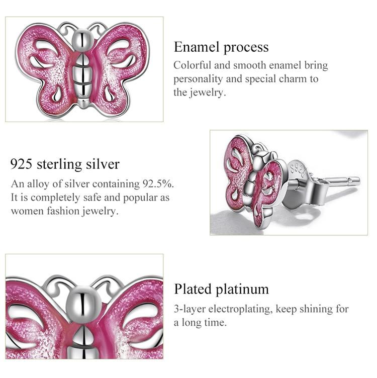 BAMOER Authentic 925 Sterling Silver Pink Butterfly Ear Studs Plated Plarinum Piercing Stud Earrings for Women Fine Jewelry Gift