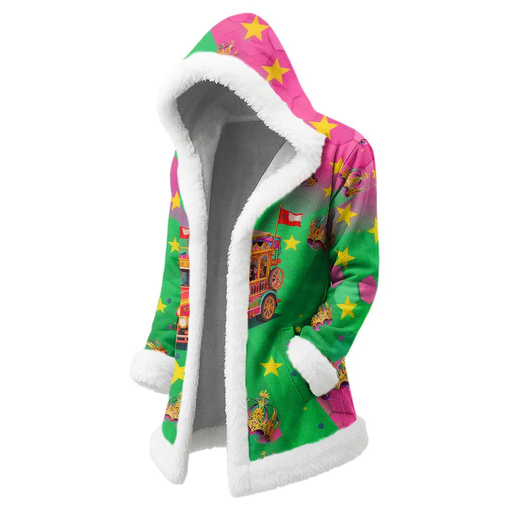 Unisex Casual And Fashionable Plush Collar Hooded Long Sleeved Carnival Print Jacket
