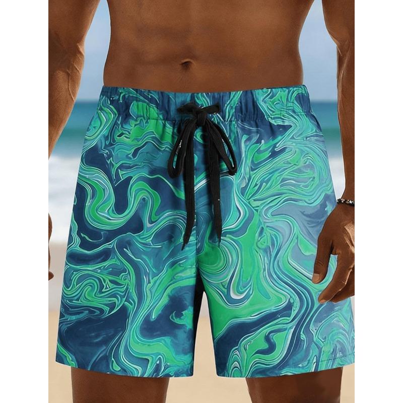 Men s Fluid Art Swirl Print Drawstring Shorts, Spring Summer Personalized Vacation Casual Shorts, Loose Beach Shorts S
