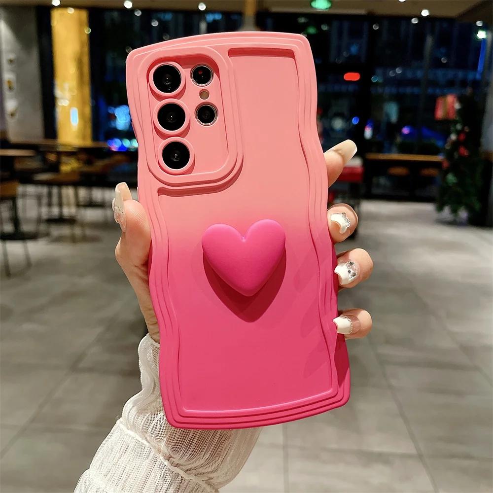 Fashion 3D Love Heart Gradient Case For iPhone 15 Pro Max 14 Plus 13 12 11 Pro X XS XR XS Max 7P 8Plus SE 2020 Curly Wave Soft TPU Cover