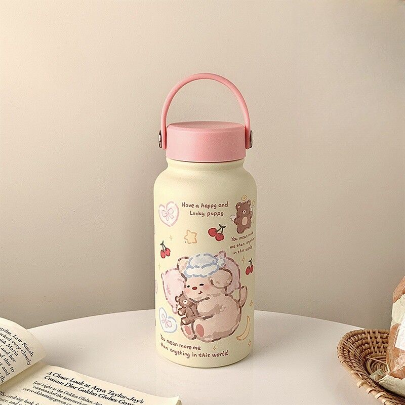 French Michals Keias Cute Cartoon Large-Capacity Thermos Cup for Women, Portable Stainless Steel Water Cup