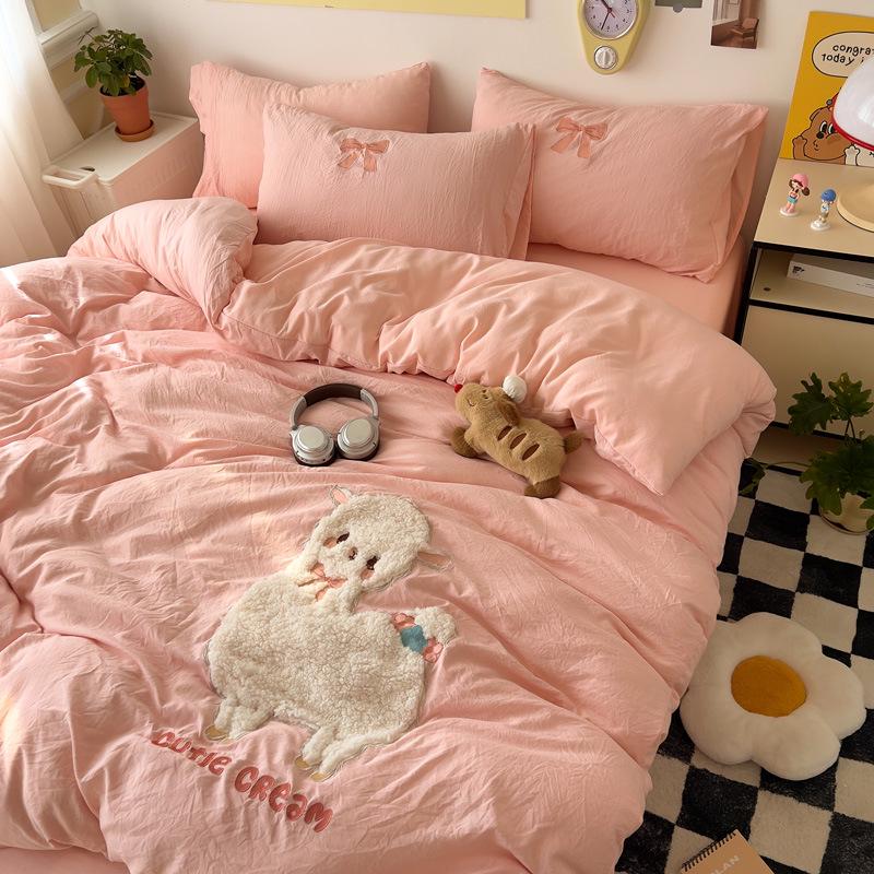 Cartoon Soft Cotton Washable Single Bed 3-Piece Set: Fitted Sheet, Flat Sheet, Skin-Friendly
