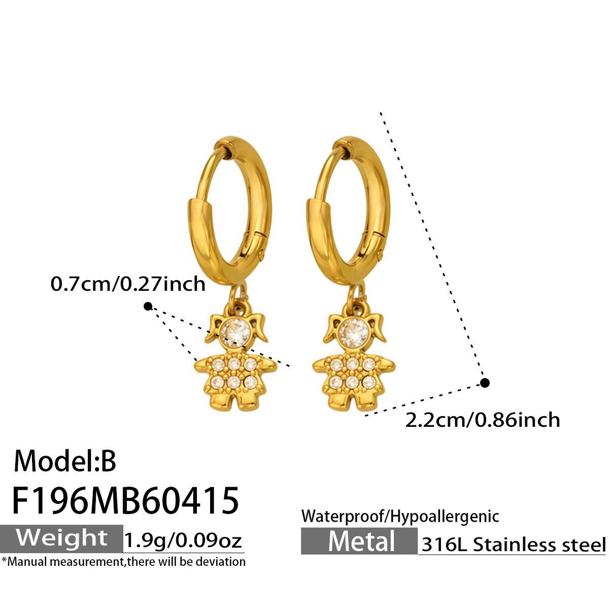 Ins-Inspired Niche Fashion Design Little Girl Zircon Pendant Earrings, 18K Gold-Plated Stainless Steel