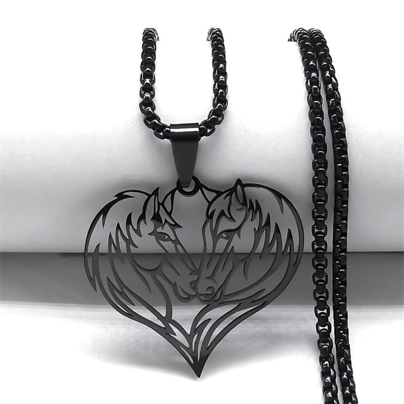 Aesthetic Love Heart Couple Horse Pendant Necklaces Stainless Steel Women/Men Horseback Rider Jewelry Valentine's Day NZZZ3324
