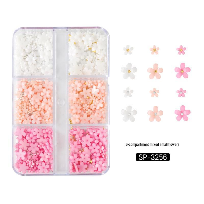 6-Grid Nail Art Set: Resin Mix, Pearls, Steel Beads, Macaron & Candy Color Flowers 3D Decor.