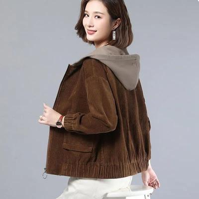 Women's Corduroy Short Versatile Hooded Loose Jacket Plus Size Korean Style Outerwear for Spring and Autumn