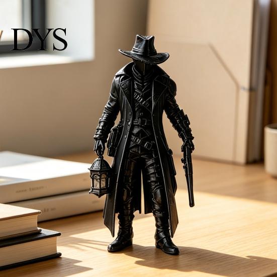 Matte Black Ornament 3D Printed Gothic Lantern Hunter Figurine, Dark Cloaked Man Statue Durable Static Figure with Cape for Halloween, Spooky