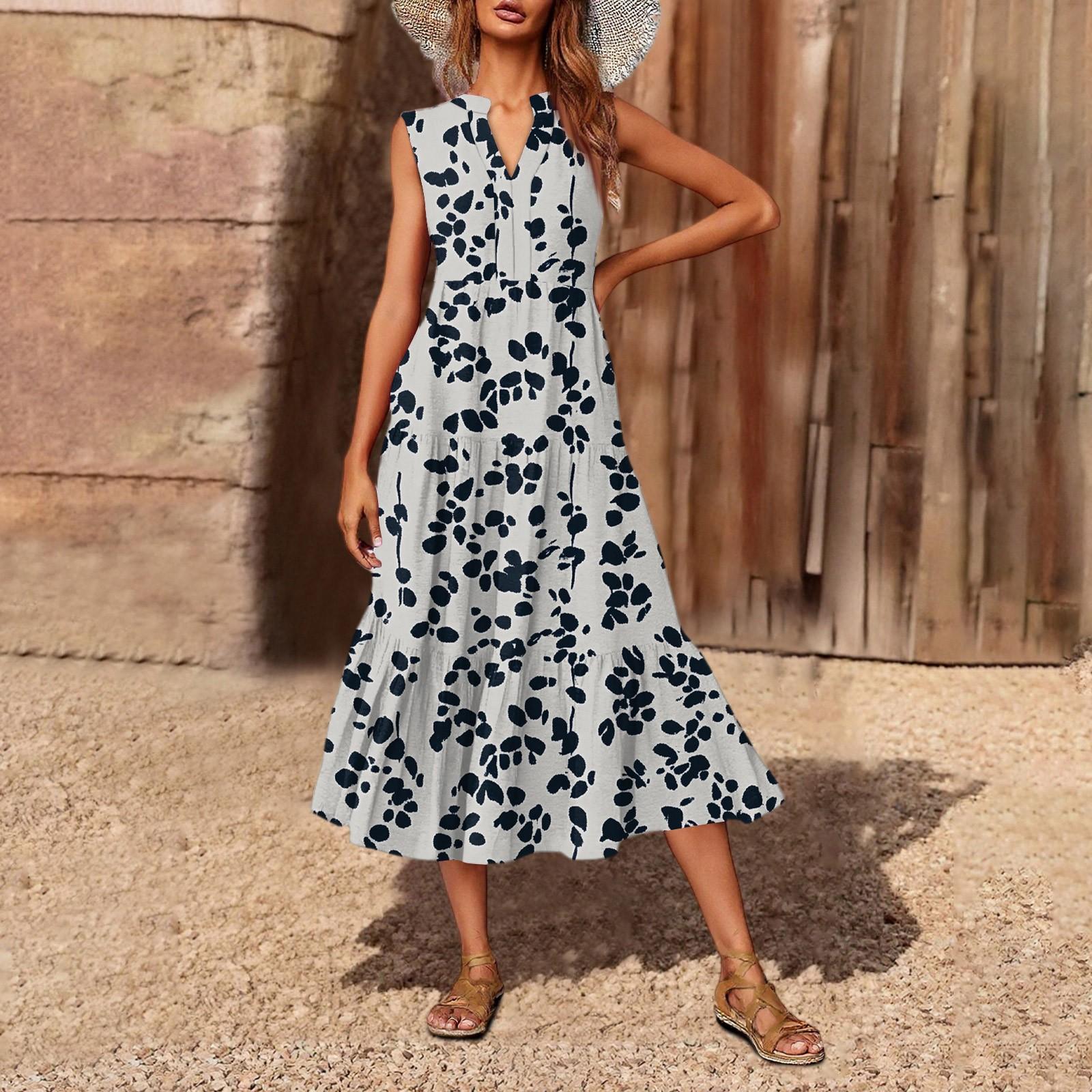 

Женское повседневное и модное платье средней длины с V-образным вырезом без рукавов и принтом XXL