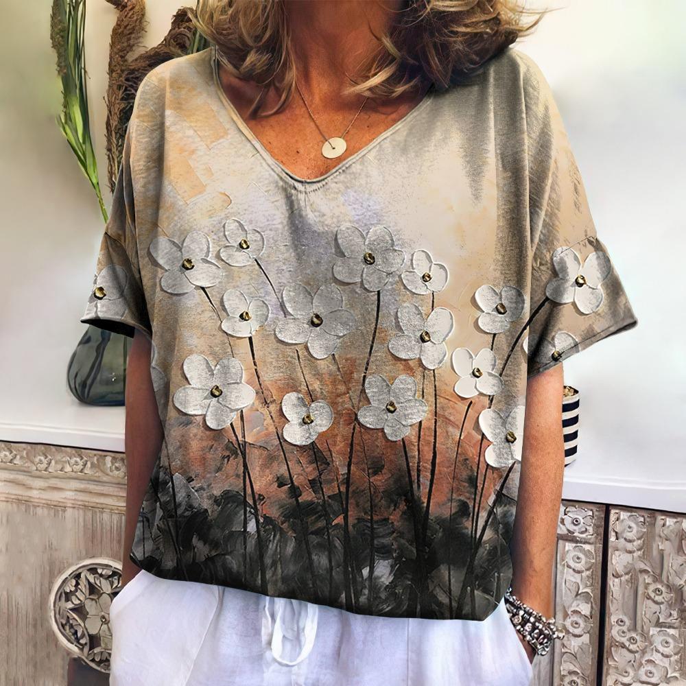 Summer New Women's T-shirt 3D Elegant Atmosphere V-neck Short Sleeve Shirt Fashion