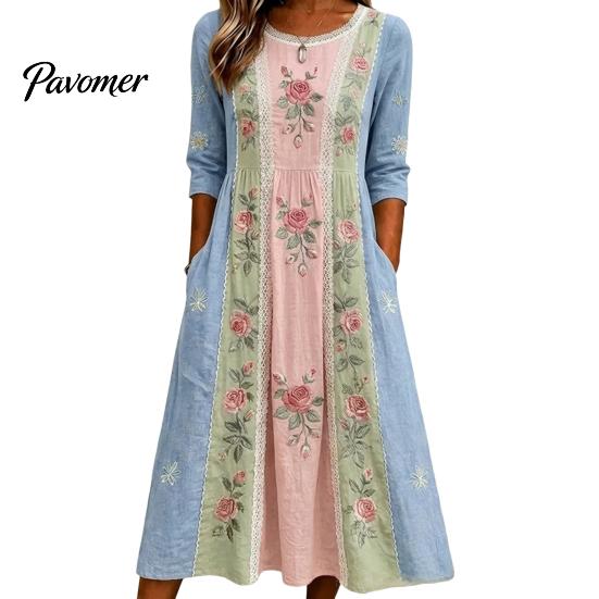 Fashionable Vacation Dresses for Ladies Long Sleeve Floral Dress, Women Cottagecore Waist Cinching Casual Autumn with Sleeves Midi Dress Street Party
