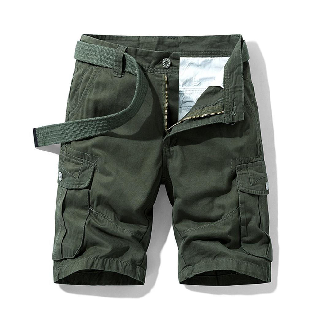 Men's Solid Color Work Pants, Cotton Five Quarter Pants, Retro Washed Multi Pocket Straight Leg Work Pants