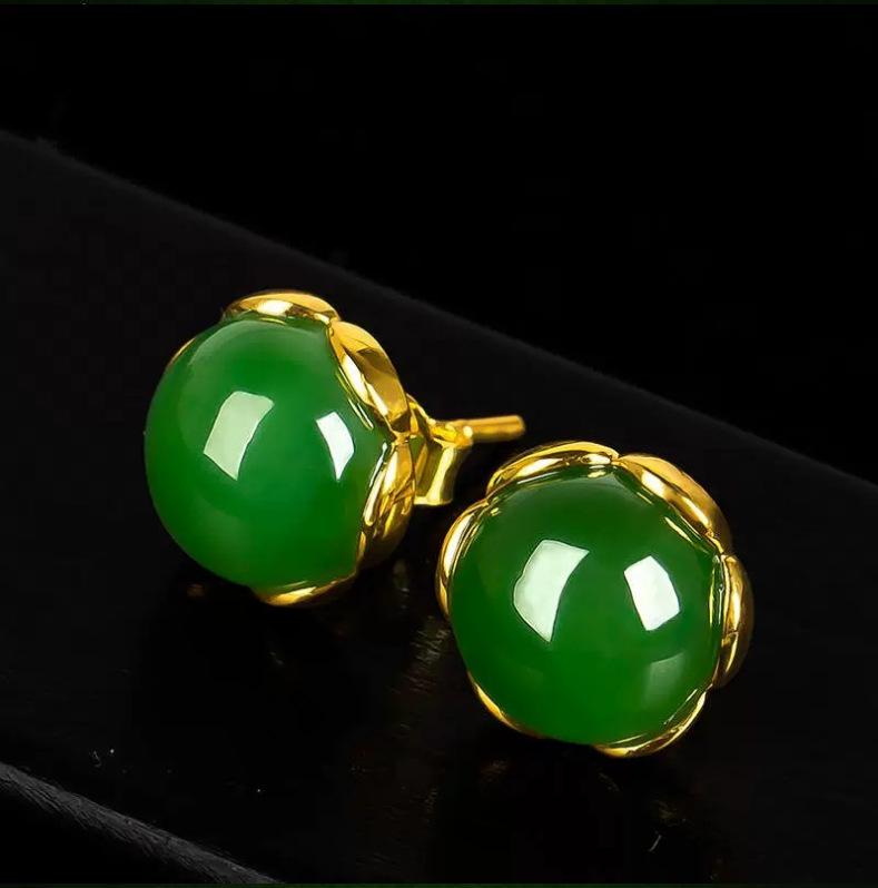 18k Gold-Plated Green Chalcedony and Jasper Stud Earrings for Women