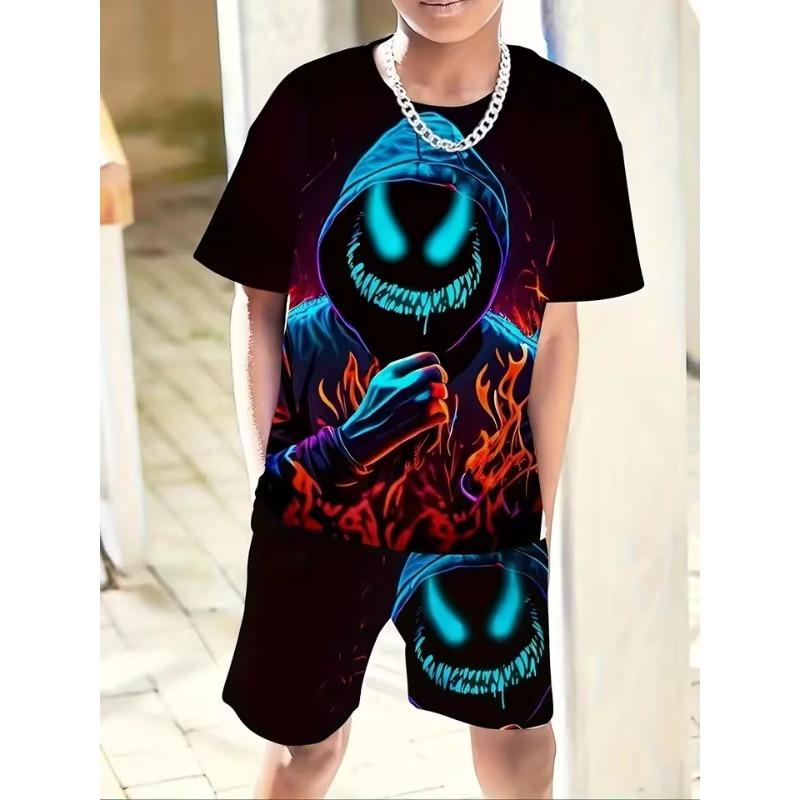 Summer New Comfort Boys Casual Horror Skull 3D Printed Comfort Multi-functional Short-sleeved T-shirt and Shorts Set