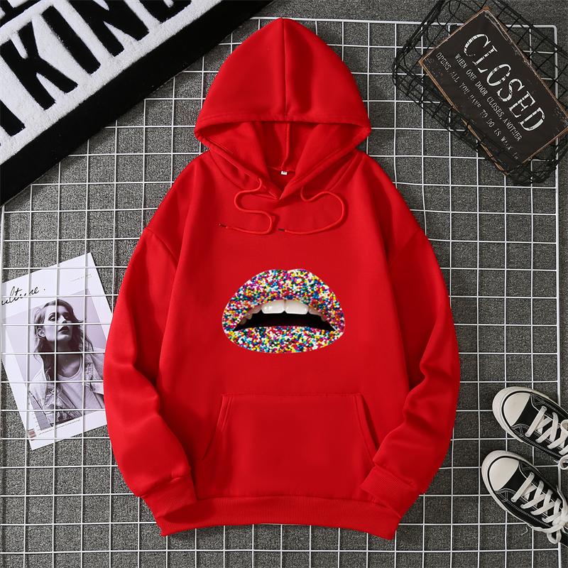 Fashion Lips Print Women Hooded Sweatshirt Casual Long Sleeve O Neck Loose Women Ladies Hooded Tops Clothes