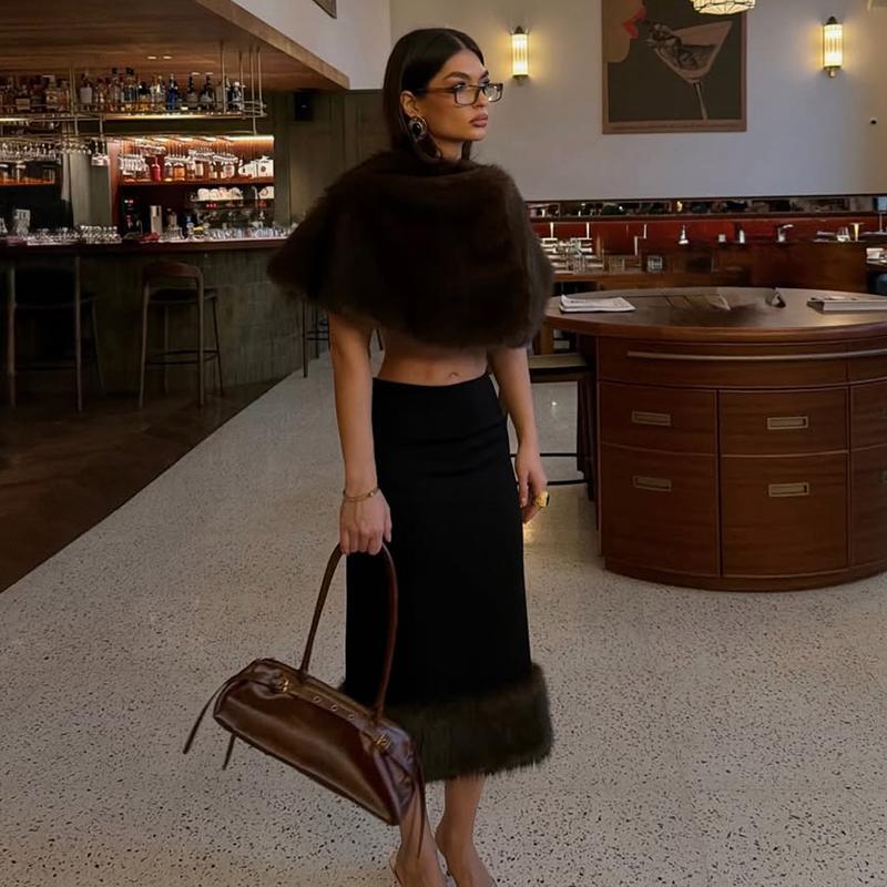 2 Piece Sets Fur Feather Skirts Outfits Women 2026 New Cover Up Shawl Top And Long Skirt Sets Elegant Streetwear Skirts Suits