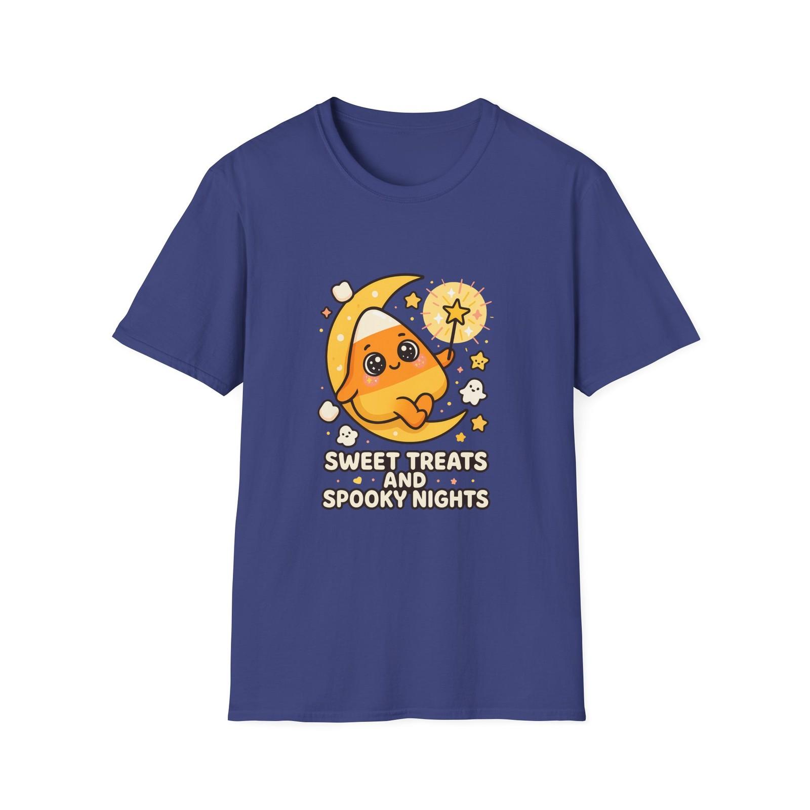 Unisex Softstyle T-Shirt Mens Womens Tees Top | Sweet Treats Spooky Nights | Candy Corn Halloween S