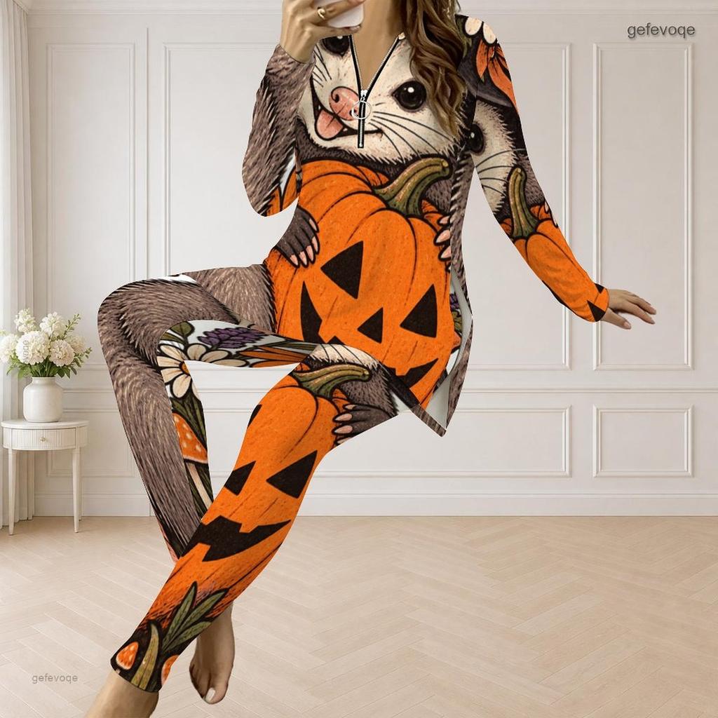 Women Plus Size Two Piece Set Half Zip Long Sleeve Top And Fitted Long Pants Sloth Floral Print
