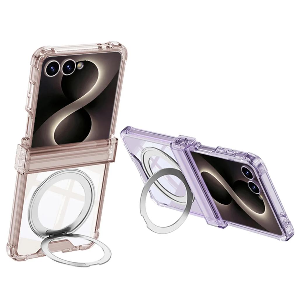 Transparent Four-corner Drop-proof Protective Hard Case with Magnetic Rotating Ring Stand for Samsung Galaxy Z Flip 8