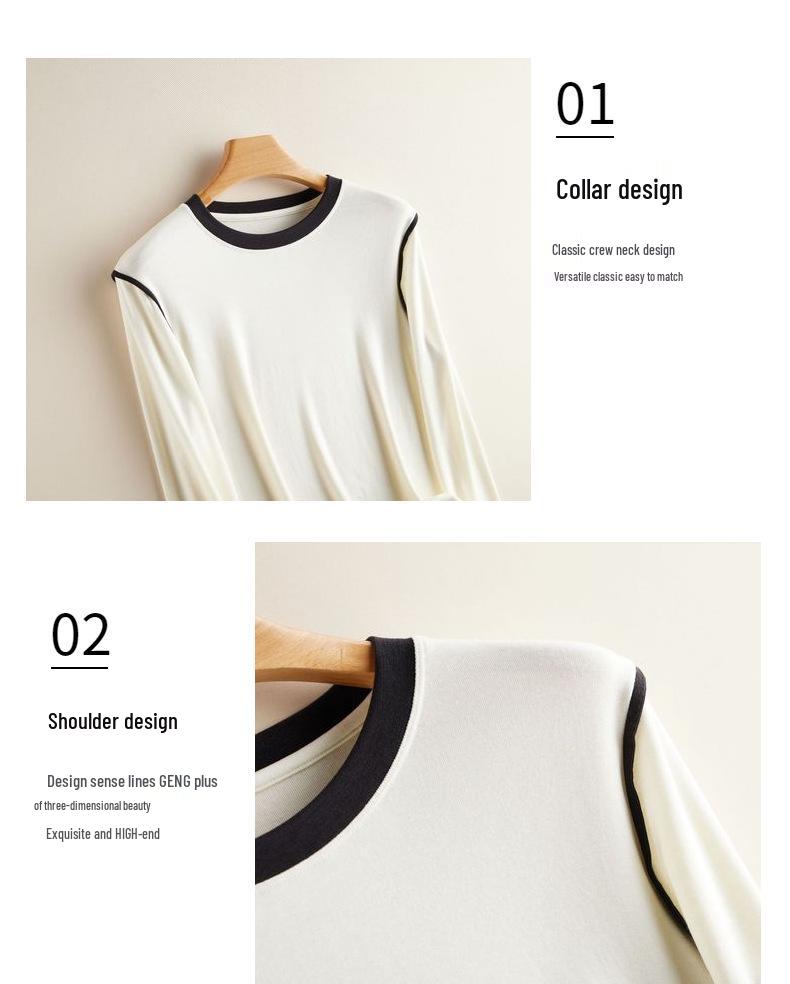 Women's Classic Black & White Color Block Crew Neck Long Sleeve T-Shirt - Spring Collection Wool Acetate Lyocell Base Layer