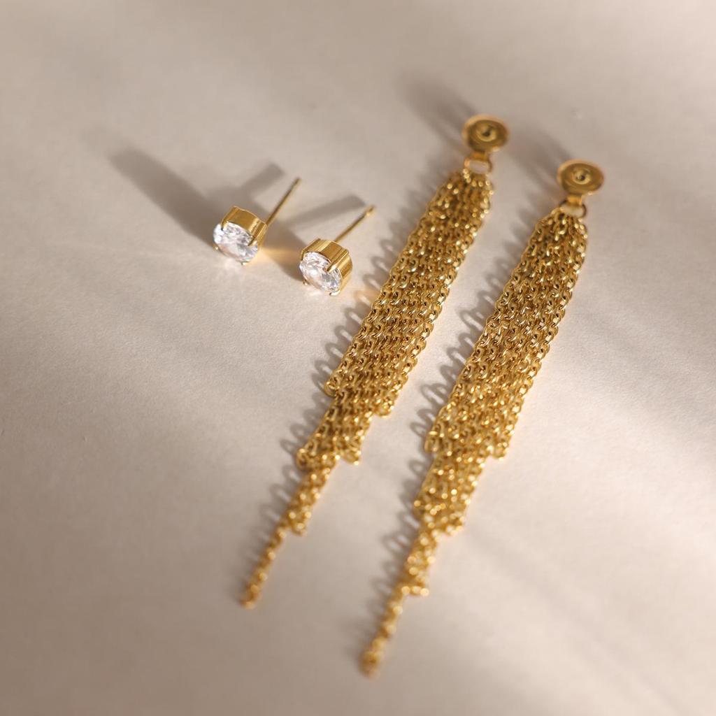 Wanxing 18K Gold Stainless Steel Zircon Detachable Tassel Earrings for Women.