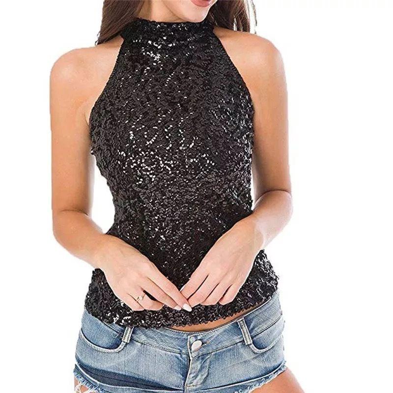 

. New European and American Women s Clothing Halterneck Sleeveless Vest Bar DS Turtleneck Sequin Sexy Top DJ Singer Performance Wear Black M