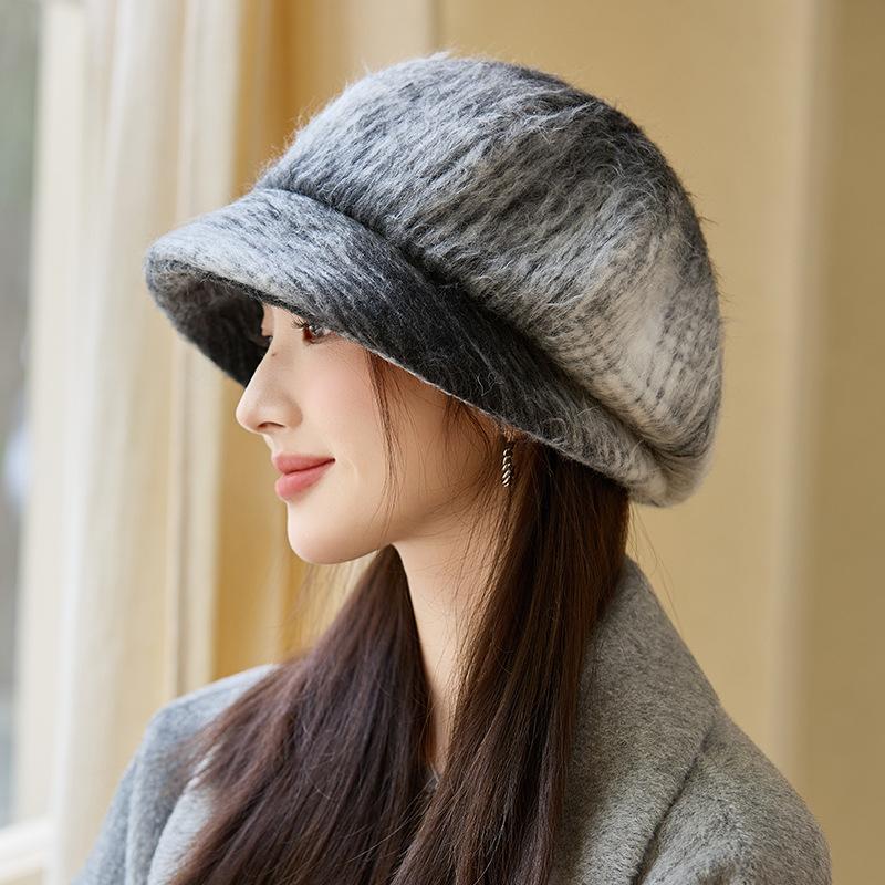 Hats for Women's Autumn and Winter Newly Thickened Tie Dye Beret Korean Face Showing Small Octagonal Hat Windproof and Warm Painter Hat