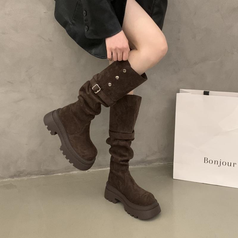 Design Belt Buckle Pleated Women Knee High Boots Fashion Thick Heels Party Dress Shoes Autumn Winter Ladies Slim Long Booties