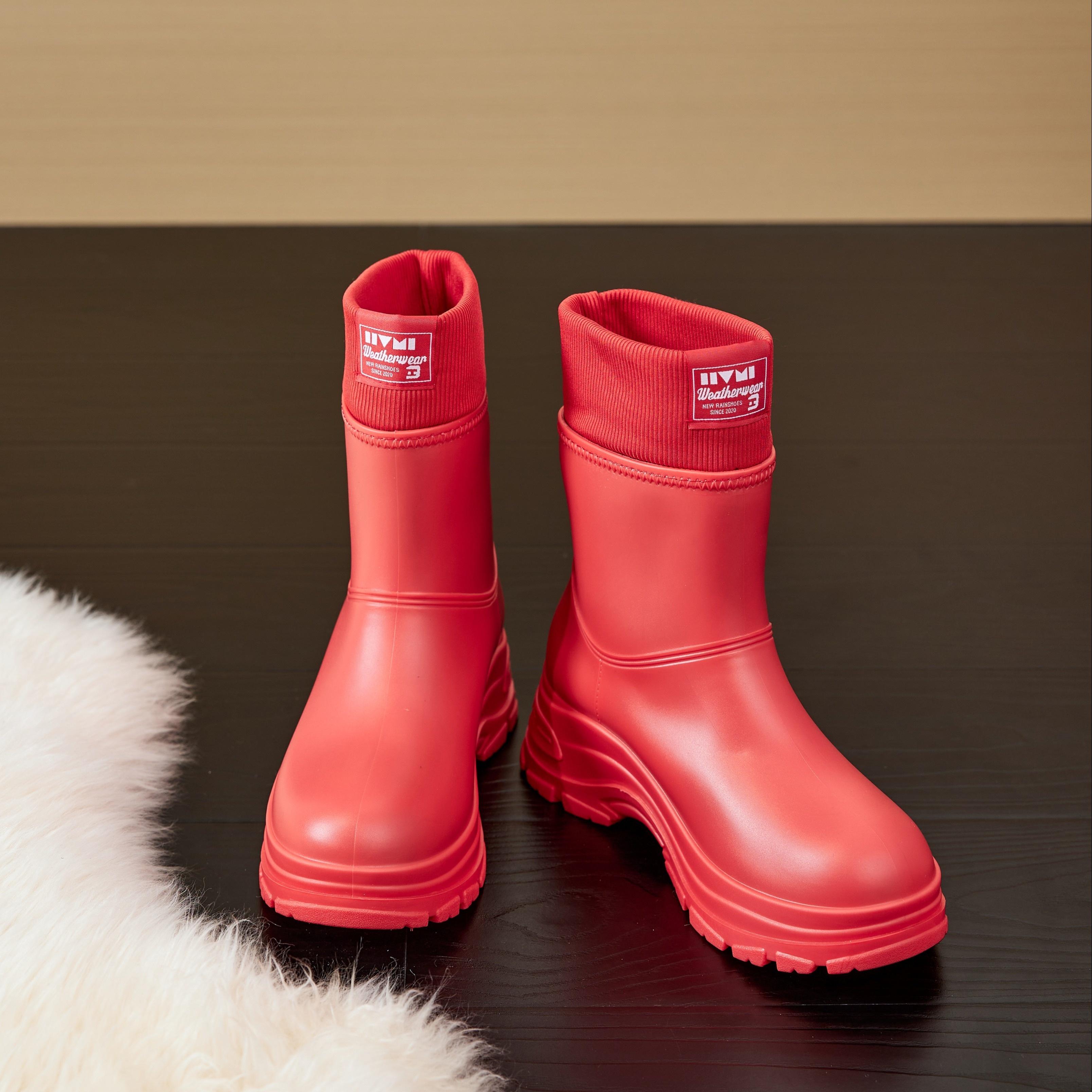 

Жіночі зимові дощові чоботи - Високоякісні ПВХ черевики до щиколотки з товстою підошвою, теплою тканинною підкладкою та еластичними панелями для легкого взування та знімання 36 червоний