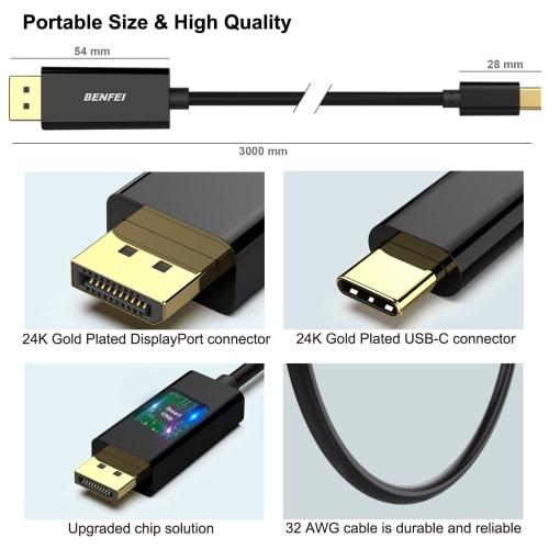 Cablu USB tip C la DisplayPort de 3 m BENFEI [8K@60Hz 4K@144Hz 2K@240Hz Ieșire video UHD] Adaptor de conversie tip C la DisplayPort Thunderbolt 3/4 Compat