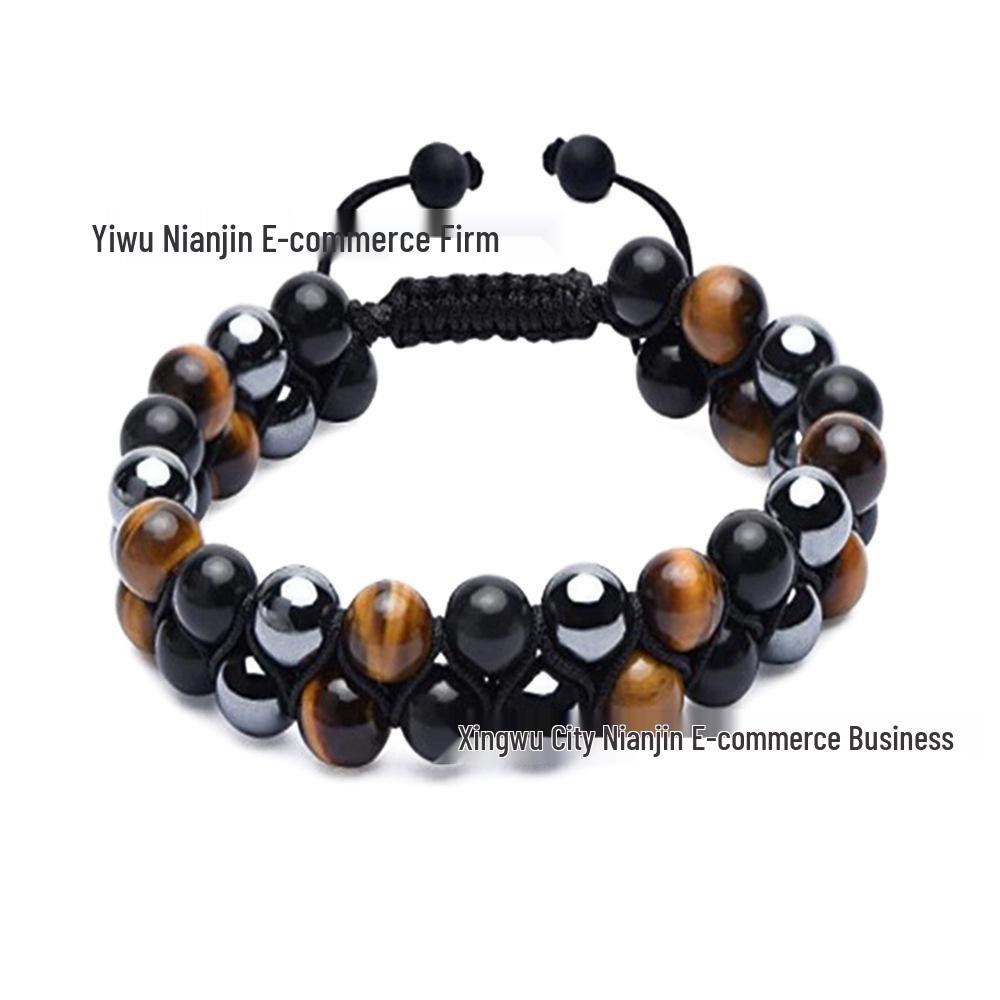 Men’s Double Layer Bracelet with Tiger Eye and Black Iron Stones, Woven Beaded Design