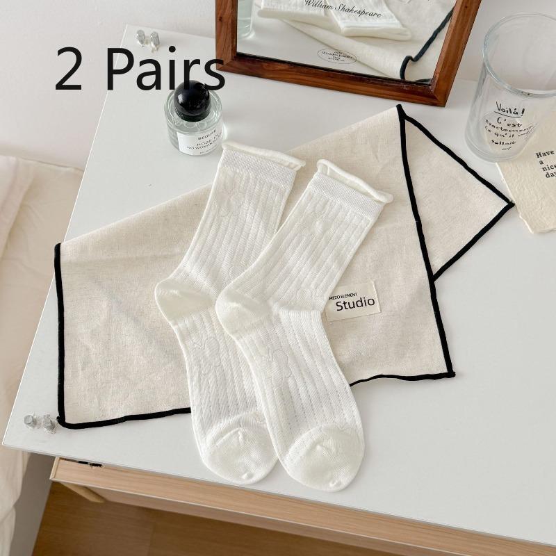 2 Pairs Mesh Breathable White Pile Socks with Lace Trim and Openwork Design, Lightweight and Sweet Mid-calf Length Socks