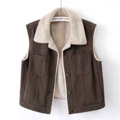 Women Vintage Fleece Lined Denim Sleeveless Vest Casual Warm Outerwear
