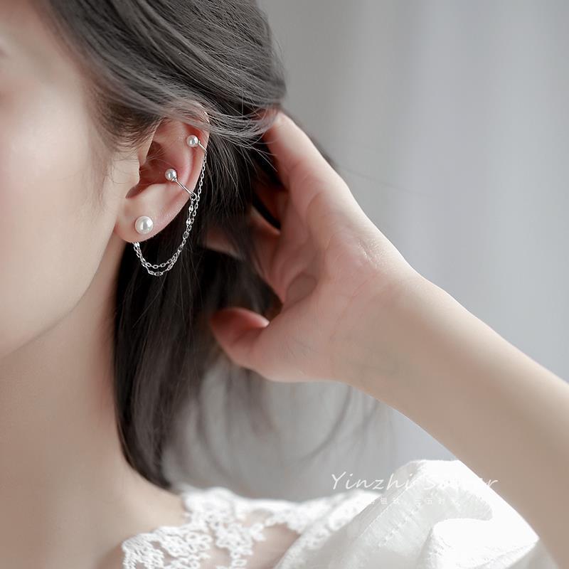 925 Silver Pearl Ear Clip No Hole Long Tassel Earrings Wedding Bridesmaid Jewelry Elegant Bone Clip Fashion Accessories