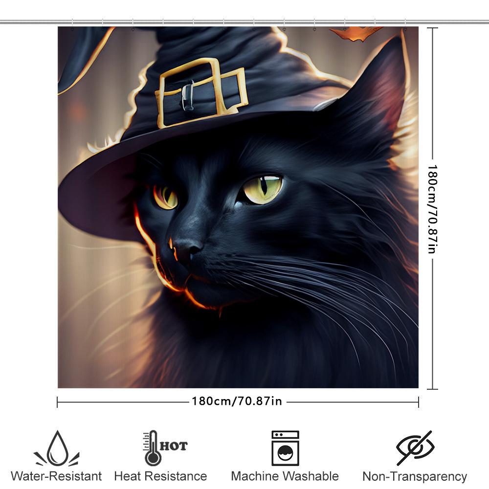 Colorful Halloween Cat Shower Curtain With Witch Hat Design For Bathroom Decoration Black Magic Theme