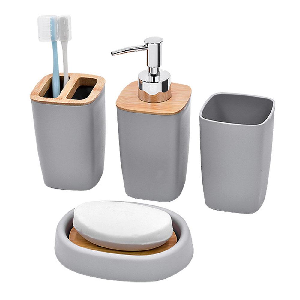 

ZT230-4 4Pcs Luxury Bamboo PP Bathroom Toiletry Kit with Lotion Bottle Mouthwash Cup Toothbrush Holder Soap Dish