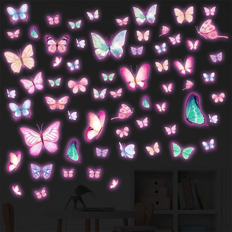 Overseas Trade Glow In The Dark Wall Stickers, Pink Blue Green Butterfly Design, Girls Bedroom Kids Room, Kindergarten
