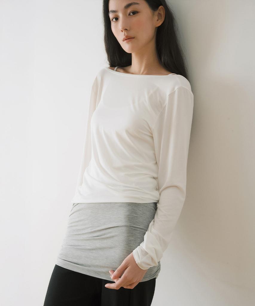 Ieoning Layered Loose Shirring U-Neck Top, White_Grey