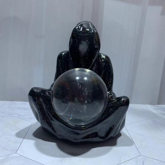 Grim Reaper Statue Gothic Crystal Ball Stand Bookshelf Decor Mysterious Creepy Wizard Robe Sculpture for Halloween Home Decor