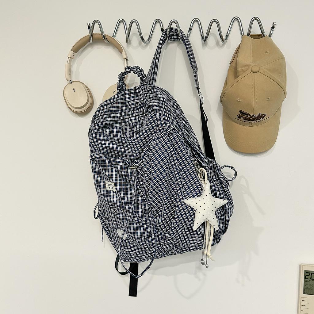Schoolbag Japanese Large-capacity Versatile Plaid Backpack 1011 New Simple Drawstring Leisure Commuter Mountaineering Light Bag