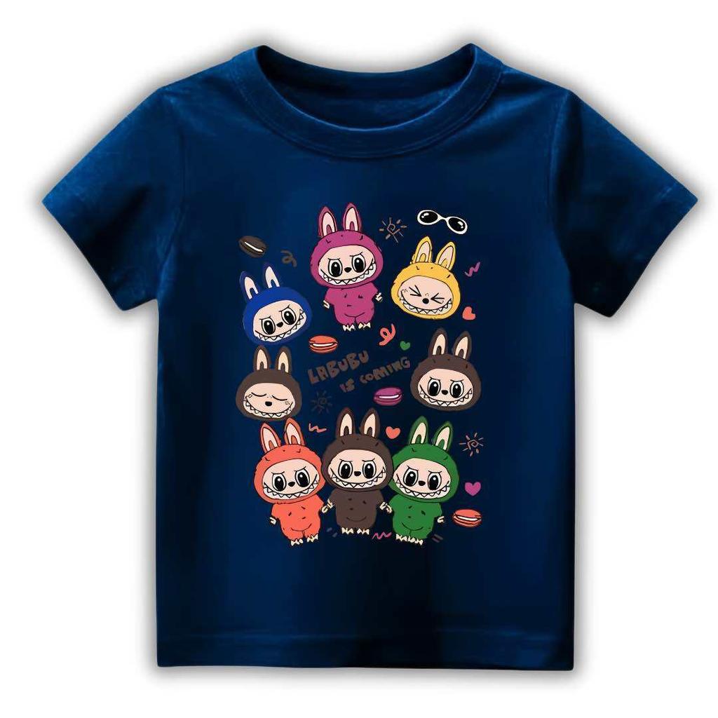 2025 New Children's T-shirt Cartoon Style Multiple LABUBU Printed Round Neck Short Sleeve Casual Girls' Top