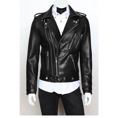 2023spring And Autumn High -Quality Men 'S Solid Motorcycle Multi -Zipper Lapel Epaulet Zipper Pocket Slim Men 'S Leather Jacket