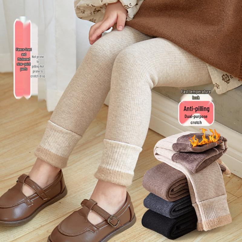 Girls' Fleece-Lined Warm Pants with Fur-Trimmed Cuffs for Autumn and Winter