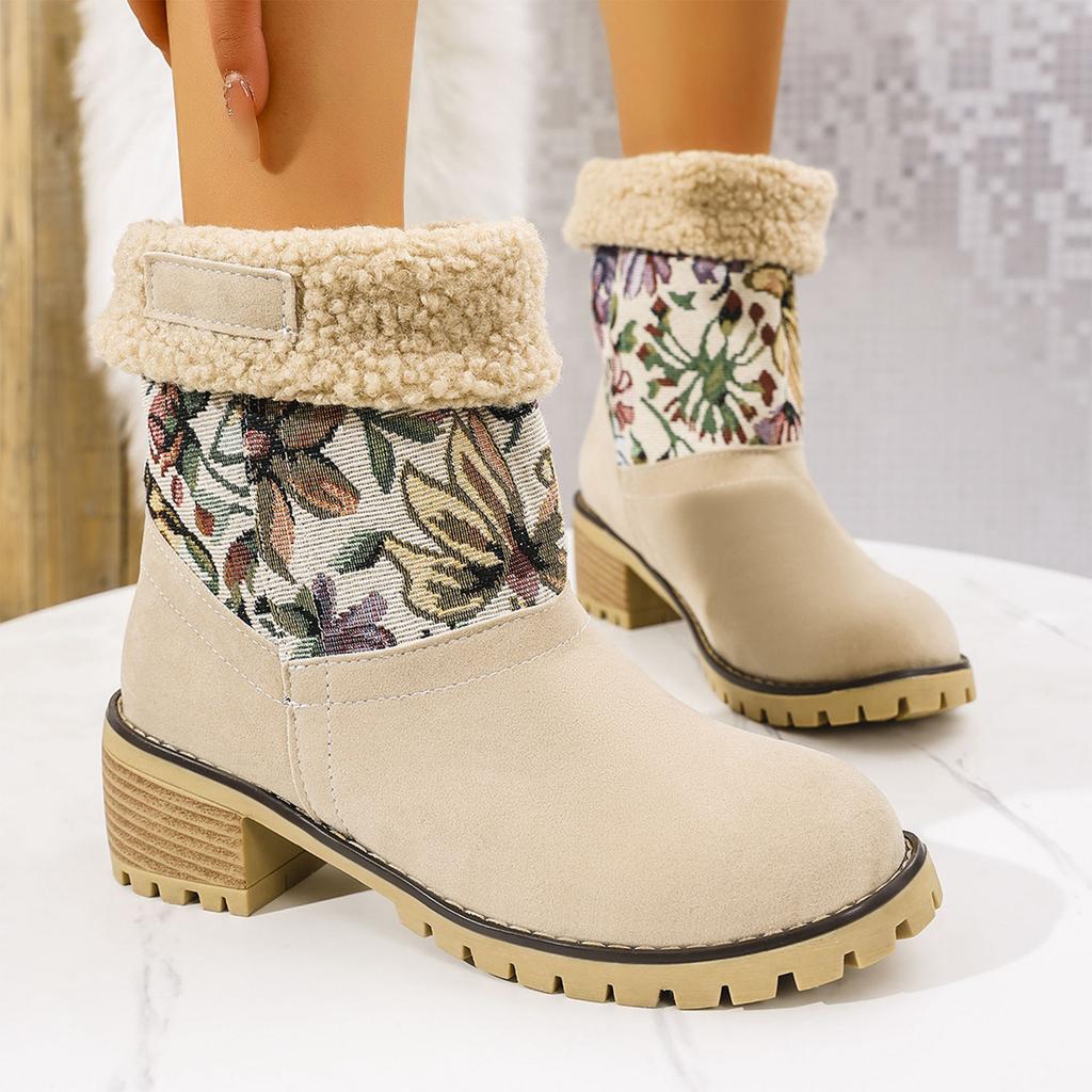 Women's Winter Boots with Heel and Embroidered Flowers - Warm Boots for Cold