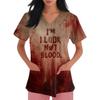 Womens Halloween Print V Neck Scrub Top Short Sleeve Medical Uniform Shirt with Pocket Comfortable Fit Lightweight Fabric