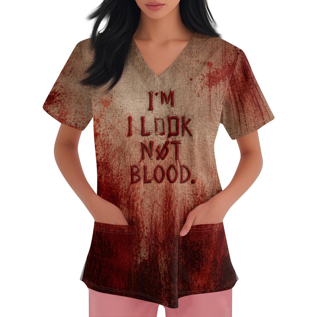 Womens Halloween Print V Neck Scrub Top Short Sleeve Medical Uniform Shirt with Pocket Comfortable Fit Lightweight Fabric