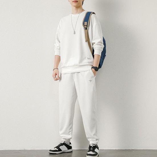 2Pcs/Set Men Spring Autumn Outfit Waffle Texture O-neck Long Sleeve Tops Elastic Waist Pockets Sweatpants Solid Color Casual Outfit