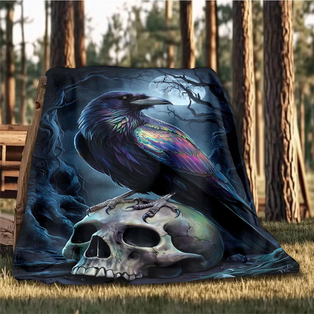 1pc Raven Skull Print Outdoor Blanket, Lightweight Polyester,