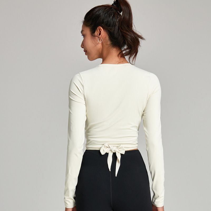 Nude Feel Casual Lace-up Waist-Controlled Skinny Exercise Top Round Neck T-Shirt Professional Running Fitness Clothes Long Sleeve Yoga Wear
