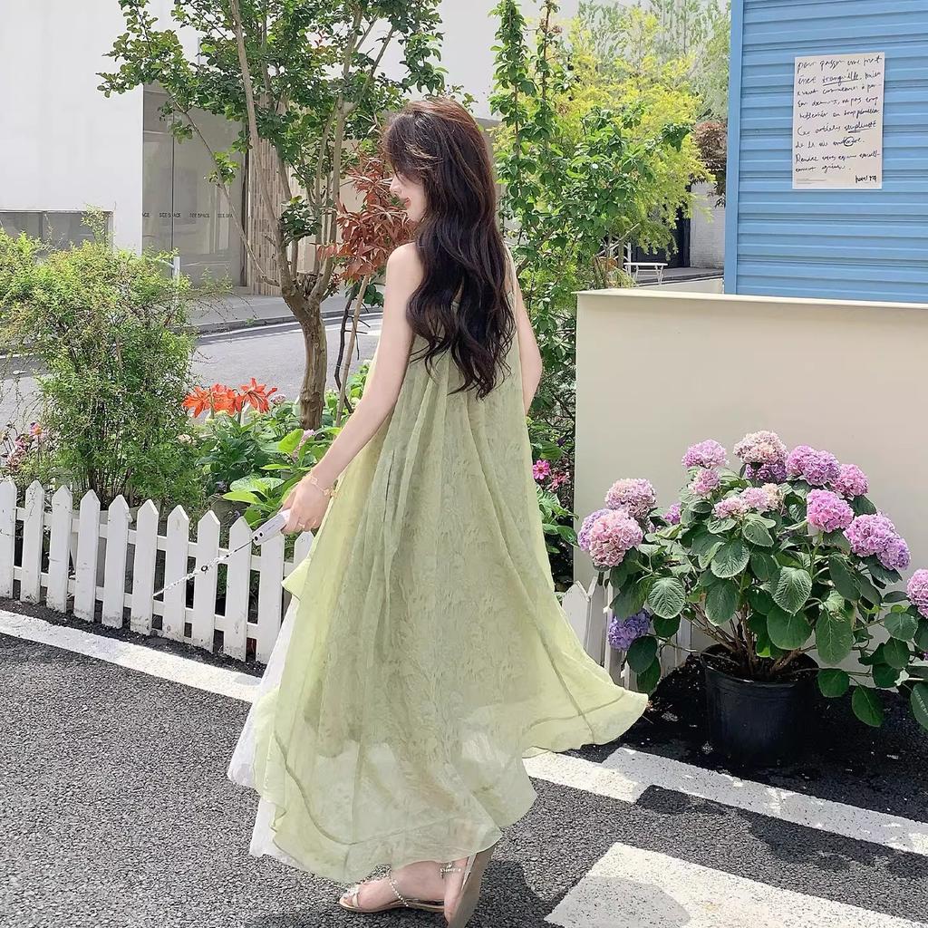 Summer new French thin small fresh dress light green seaside vacation suspender skirt women's medium and long